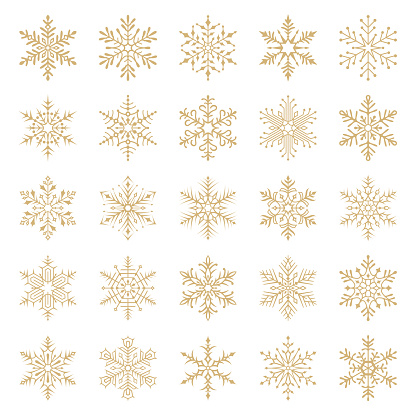 Set of vector snowflakes. Gold design elements isolated on white background. Vector icon set.
