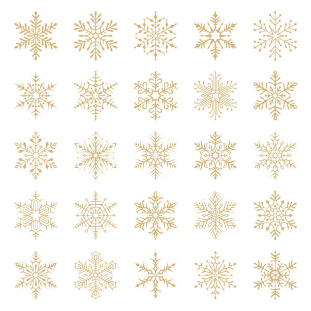 Snowflakes Set of vector snowflakes. Gold design elements isolated on white background. Vector icon set. snowflake shape illustrations stock illustrations