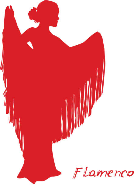 Woman in long dress stay in dancing pose. flamenco dancer, spanish. beautiful female profile red silhouette Isolated on white background. Vector Woman in long dress stay in dancing pose. flamenco dancer, spanish. beautiful female profile red silhouette Isolated on white background. Vector illustration female salsa dancer stock illustrations