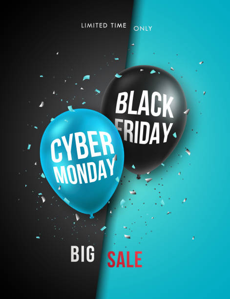 Black Friday and Cyber Monday vertical banner. Vector design template for brochure, flyer, poster and social network. 3d realistick black and blue balloons. Black Friday and Cyber Monday vertical banner. Vector design template for brochure, flyer, poster and social network. 3d realistick black and blue balloons. cyber monday stock illustrations