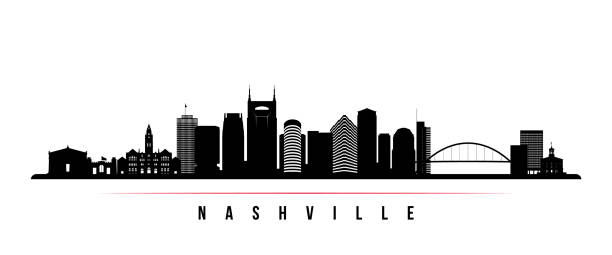 ilustrações de stock, clip art, desenhos animados e ícones de nashville skyline horizontal banner. black and white silhouette of nashville, tennessee. vector template for your design. - tennessee house nashville residential structure