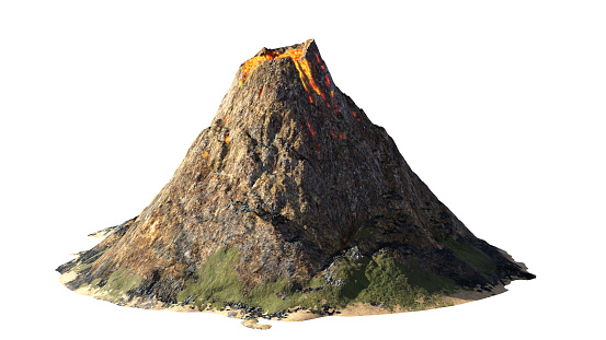 erupción volcánica, lava bajando por un volcán, aislado sobre fondo blanco photo