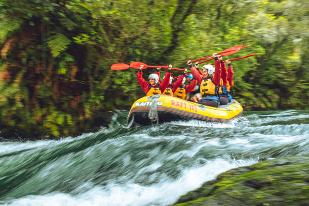 Rotorua Whitewater Rafting on the Kaituna October 28, 2019. Kaituna River, Rotorua, New Zealand. The Kaituna River is a well known place to come for whitewater rafting in Rotorua. The Kaituna has the highest commercially rafted waterfall in the world. The waterfall is called Tutea and is about 7m tall. There are several other smaller waterfalls on the 45 minute trip down the river. This raft is just entering the chute, approximately 5 minutes from the put in. rafting stock pictures, royalty-free photos & images