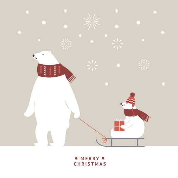 Christmas card. White bears is sledding. vector art illustration