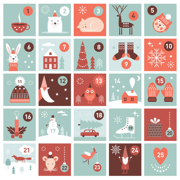 weihnachts-adventskalender. druckbare sammlung bilder sammlung. - adventskalender stock-grafiken, -clipart, -cartoons und -symbole