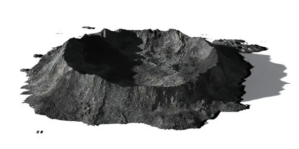 Photo of crater on the surface of the Moon, terrain model isolated with shadow on white background