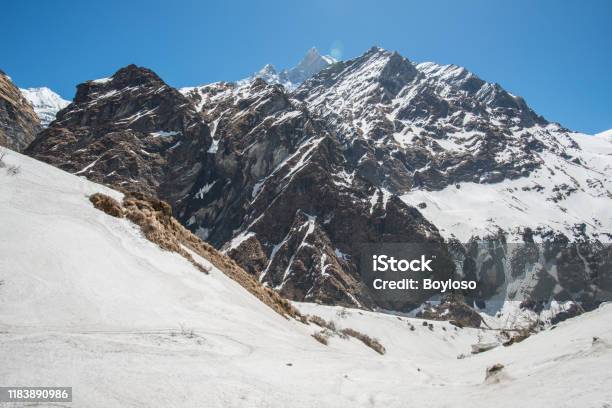 Beautiful Massif Mountains View Of Machhapuchhre Mountain During The Way To Annapurna Base Camp Nepal Stock Photo - Download Image Now