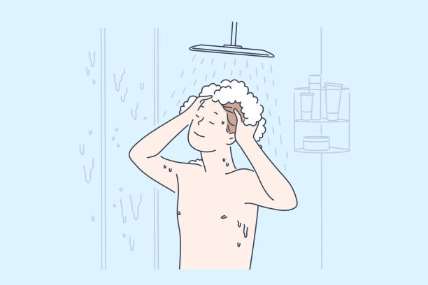 ilustraciones, imágenes clip art, dibujos animados e iconos de stock de higiene personal y limpieza, rutina diaria de cuidado corporal, concepto de hábito de baño - shower child shampoo washing