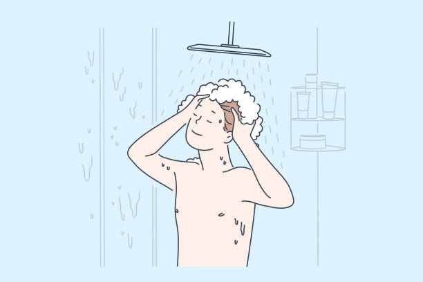 個人衛生と清潔さ、毎日のボディケアルーチン、バスルームの習慣の概念 - men naked shower bathroom点のイラスト素材／クリップアート素材／マンガ素材／アイコン素材