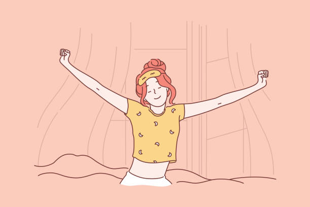 Wake up, new day, bedroom Wake up, new day, bedroom, comfort concept. Happy sleepy young woman or girl in a great mood sipping hands gets out. Sweet smiling lady enjoys the early sunshine. Simple flat vector. bedroom illustrations stock illustrations