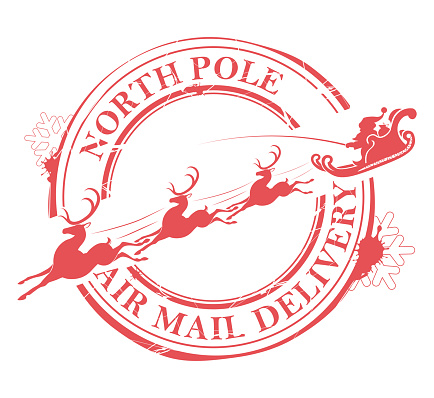 Christmas round stamp with the silhouette of Santa Claus in a sleigh riding no deer.