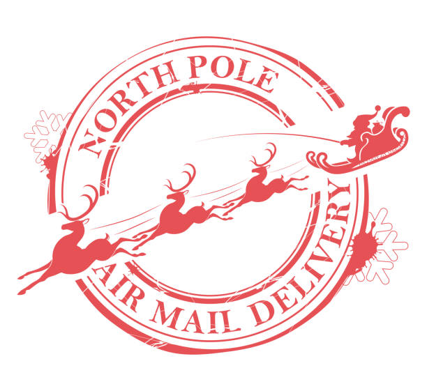 Christmas round stamp with the silhouette of Santa Claus in a sleigh riding no deer Christmas round stamp with the silhouette of Santa Claus in a sleigh riding no deer. santa letter stock illustrations