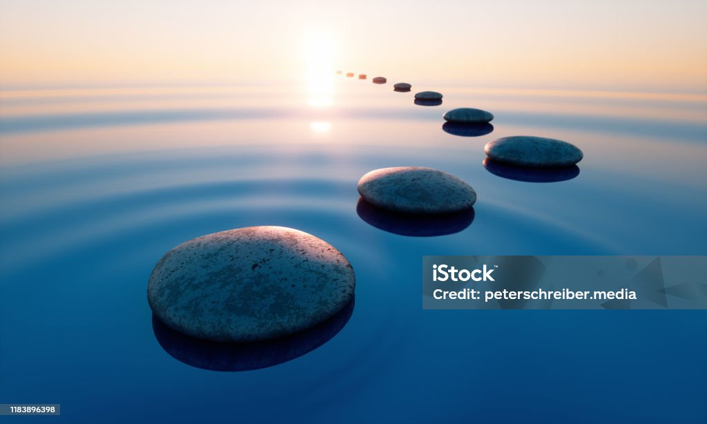 Pebbles in wide calm Ocean Row of stones in calm water in the wide ocean concept of meditation - 3D illustration Abstract Stock Photo