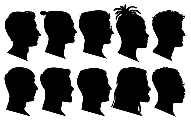 illustrations, cliparts, dessins animés et icônes de silhouette têtes d'homme dans le profil. avatars de contour de visage noir, profils masculins professionnels portraits anonymes avec la coiffure, ensemble de vecteur - illustration and painting people men human face