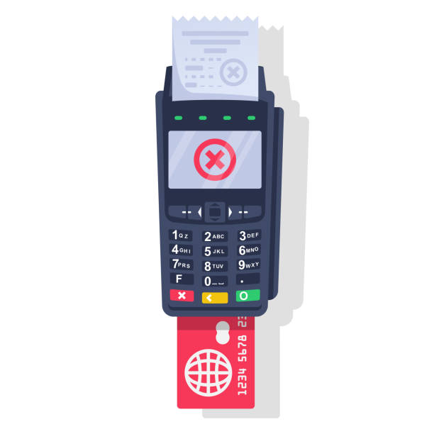 Rejected payment transaction. Red cross as a symbol of failure Rejected payment transaction. Red cross as a symbol of failure. Payment terminal, paper check and plastic bank card. NFC POS terminal for payment. Vector illustration flat design. Blocked credit card. deterioration stock illustrations