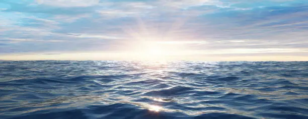 Sunset at sea with small waves- 3D illustration