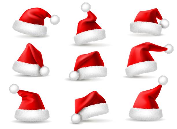 현실적인 산타 모자. 산타 클로스 크리스마스 휴일 모자, 축 하 푹신한 푹신한 귀여운 빨간 겨울 모자 의상, 3d 벡터 세트 - 모자 모자류 stock illustrations