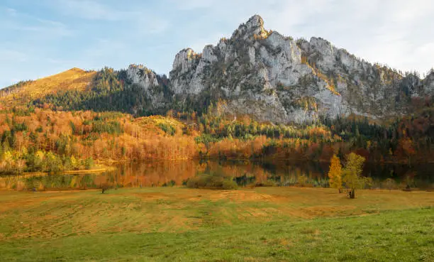 Gmunden, Austria - October 24th 2019: Beautiful landscape enclosed by Traunstein, Katzenstein and the Grünberg mountain.