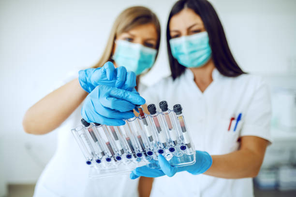 制服を着た2人の専用コーカサス人の研究室アシスタントで、マスクとゴム手袋が実験室に立ち、血液サンプルで試験管を見ている。 - human cell cell laboratory animal cell ストックフォトと画像