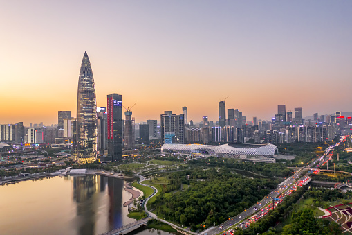 Shenzhen City, Guangdong Province, China – September 20, 2019: High angle view of Shenzhen Bay Park at dusk, Shenzhen City is an important part of Guangdong-Hong Kong-Macau Greater Bay Area.