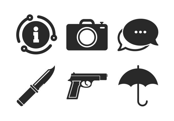 ilustrações, clipart, desenhos animados e ícones de arma de fogo. faca, guarda-chuva e câmera fotográfica. vetor - currency crime gun conflict