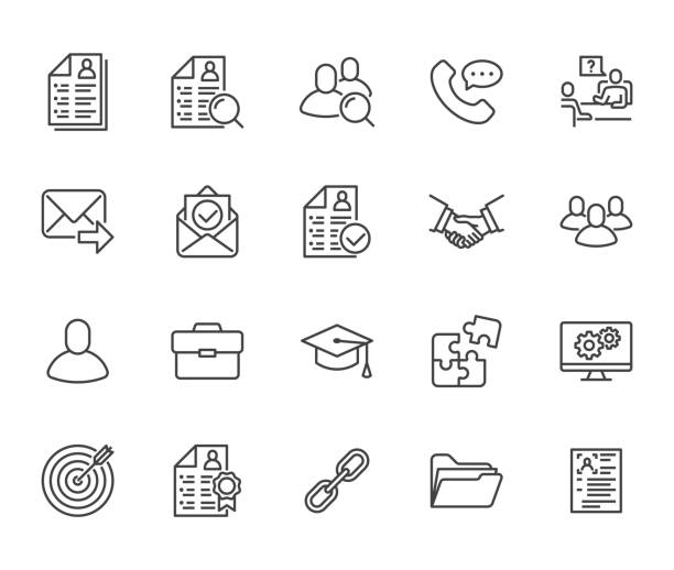 Resume flat line icons set. Hr human resources, job application, interview employee profile, teamwork, work experience vector illustrations Portfolio outline signs Pixel perfect 64x64 Editable Stroke Resume flat line icons set. Hr human resources, job application, interview employee profile, teamwork, work experience vector illustrations Portfolio outline signs Pixel perfect 64x64 Editable Stroke. good cv stock illustrations