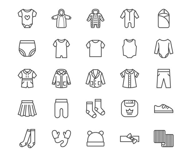 Baby clothes flat line icons set. Bodysuit, coverall, romper, buster suit, newborn nest, girl dress vector illustrations. Outline signs for children fashion store. Pixel perfect 64x64 Editable Stroke Baby clothes flat line icons set. Bodysuit, coverall, romper, buster suit, newborn nest, girl dress vector illustrations. Outline signs for children fashion store. Pixel perfect 64x64 Editable Stroke. babygro stock illustrations