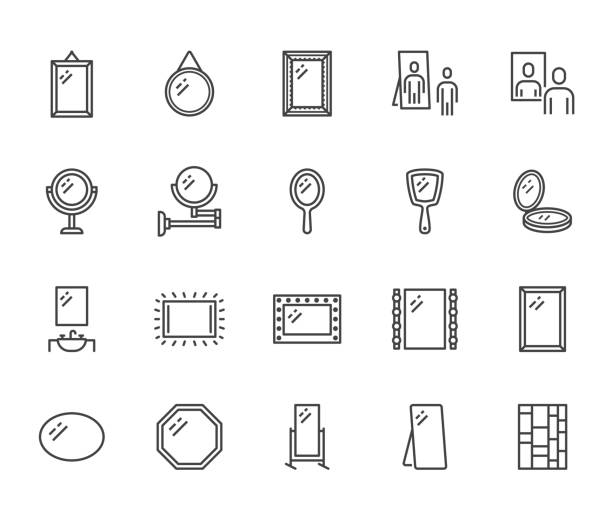 거울, 반사 평면 선 아이콘 설정. 다양한 거울 - 라운드, 메이크업, 전체 길이, 욕실 인테리어 벡터 일러스트 레이션. 가구 가게에 대한 개요 표지판. 픽셀 완벽한 64x64. 편집 가능한 스트로크 - mirror stock illustrations