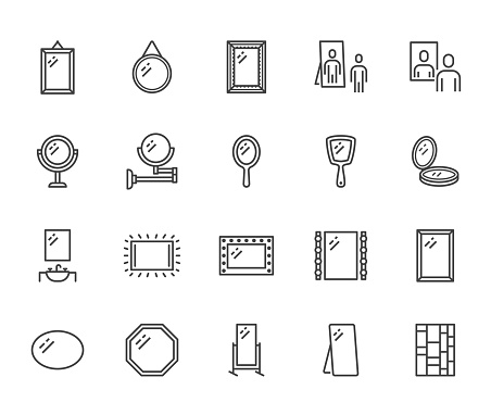 Mirror, reflection flat line icons set. Various mirrors - round, makeup, full length, bathroom interior vector illustrations. Outline signs for furniture store. Pixel perfect 64x64. Editable Strokes.