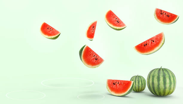 istock Fresh Watermelon and Sliced Groups closeup  Concept Summer - holidays - Fruit and Vegetables on  Green  pastel background - 3d rendering 1183906947