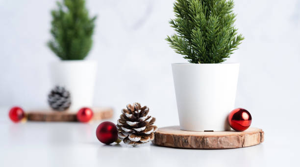 istock christmas tree with pine cone and decor xmas ball on white table and marble tile wall background.clean minimal simple style.holiday still life 1183908261