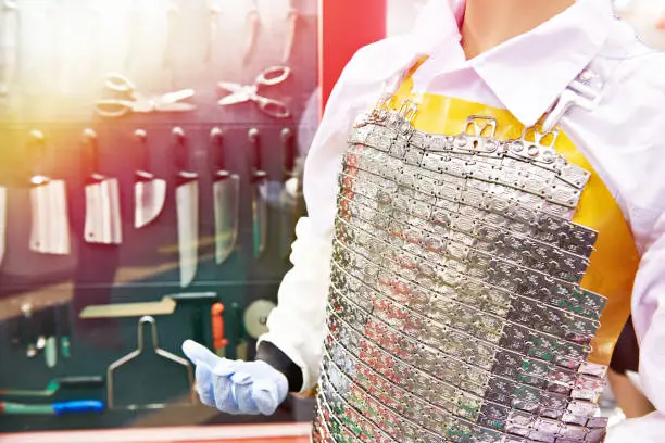 Chainmail apron for meat boning and knives on exhibition