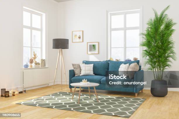 Modern Living Room Interior With Comfortable Sofa Stock Photo - Download Image Now - Living Room, Domestic Room, Sparse