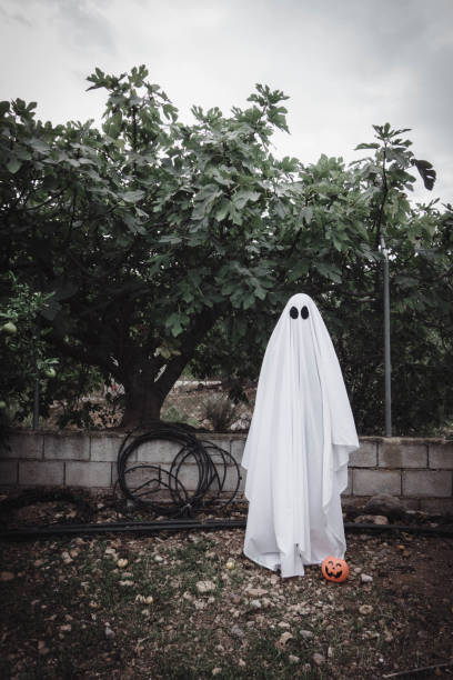 istock Ghost covered with a white ghost sheet on a forest with halloween pumpkin candy jar. 1183910504