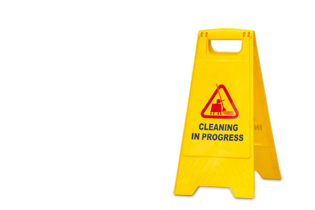 istock Warning plates cleaning in progress Made of yellow plastic. on a white background with clipping path. 1183914761