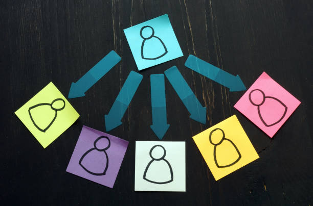 istock Delegation concept. Silhouettes drawn on sheets and arrows. 1183916109