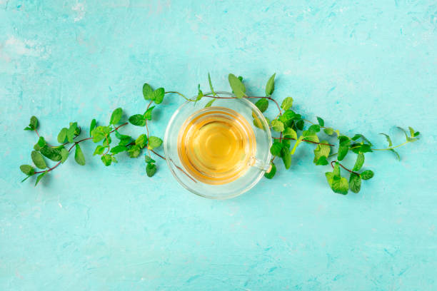 istock Mint tea cup, overhead shot on a blue background with vibrant fresh mint leaves and copy space 1183916248