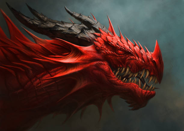 illustrations, cliparts, dessins animés et icônes de peinture numérique rouge de tête de dragon. - dragon
