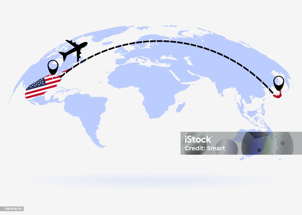 Flight From Usa To Japan Above World Map Airplane Arrives To Japan The World Map Airplane Line Flight From Usa To Japan Above World Map Airplane Arrives To Japan The World Map Airplane Line