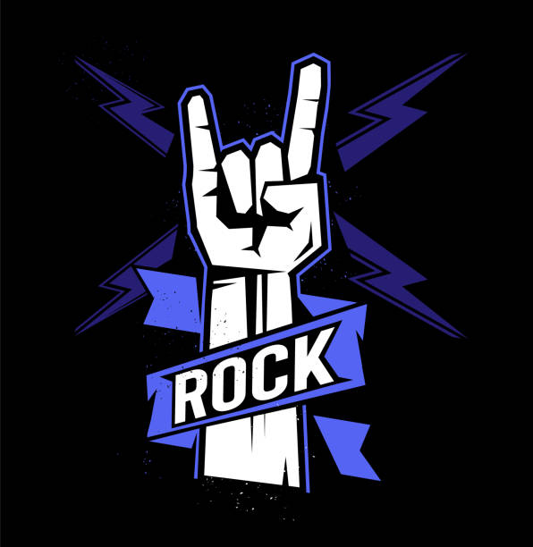Rock sign gesture with lightning for your design logo, illustration on a dark background guitar symbols stock illustrations