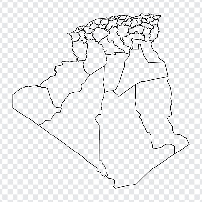 Blank map of Algeria. High quality map of Algerian People's Democratic Republic with provinces on transparent background for your web site design, logo, app, UI. EPS10.