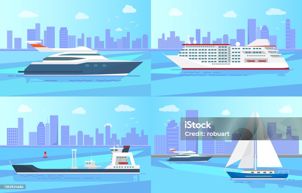 Kapal Indah Di Permukaan Air Ilustrasi Ditetapkan Ilustrasi Stok