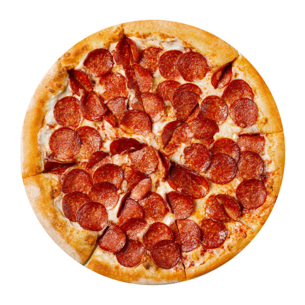 istock Fresh tasty pizza with pepperoni isolated on white background. Top view 1183924896