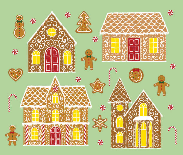 gingerbread set Christmas gingerbread set with gingerbread houses on green background gingerbread house cartoon stock illustrations