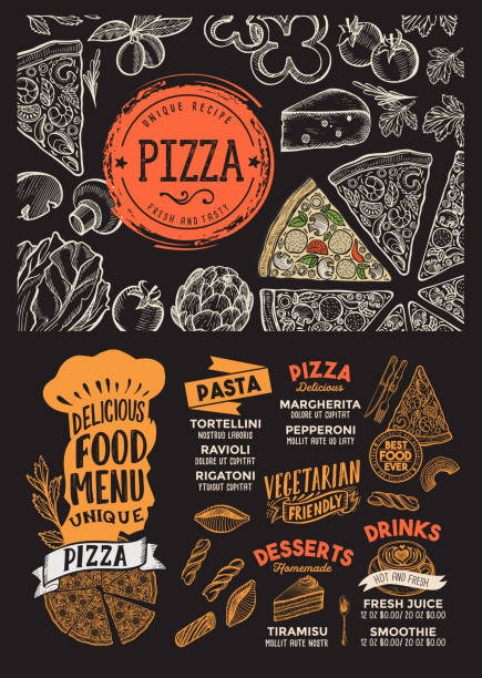 illustrazioni stock, clip art, cartoni animati e icone di tendenza di modello di cibo per menu della pizza per ristorante con grafica disegnata a mano doodle. - 6005