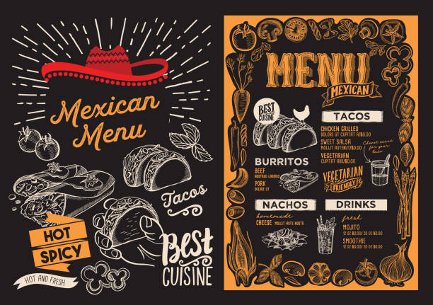 Mexican menu food template for restaurant with doodle hand-drawn graphic. Mexican menu template for restaurant on a blackboard background vector illustration brochure for food and drink cafe. Design layout with lettering and doodle hand-drawn graphic icons. breakfast borders stock illustrations