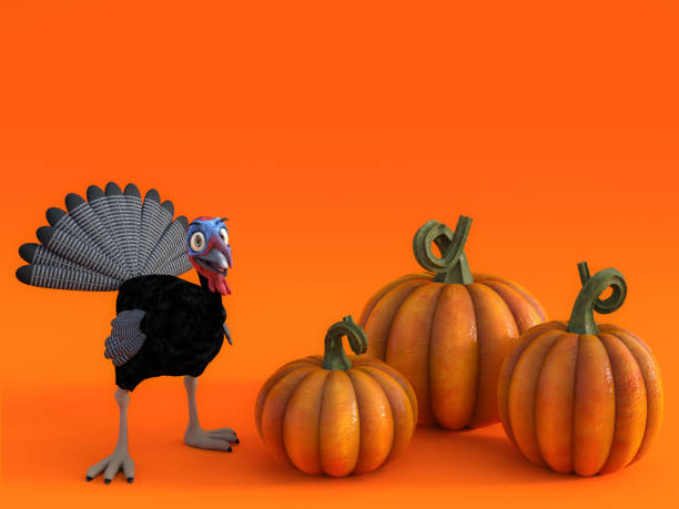 3D rendering of a silly toon turkey with pumpkins.