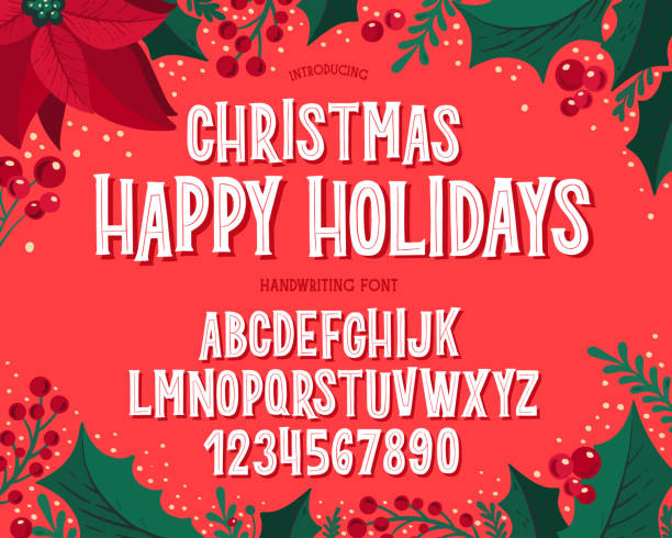ilustraciones, imágenes clip art, dibujos animados e iconos de stock de fuente navideña. alfabeto tipográfico navideño con ilustraciones festivas y deseos de temporada. - christmas