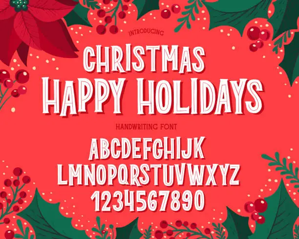 Vector illustration of Christmas font. Holiday typography alphabet with festive illustrations and season wishes.