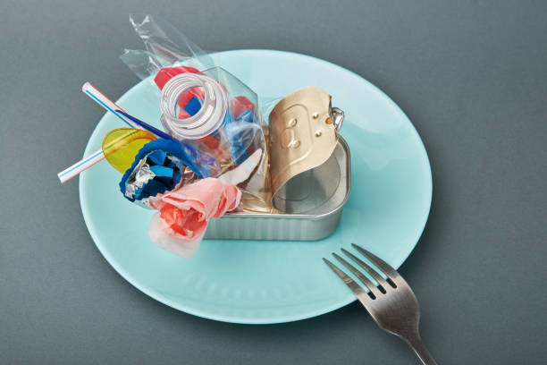 istock Open tin can on plate and fork. Plastic waste instead of fish inside. Ocean plastic pollution concept 1183927498